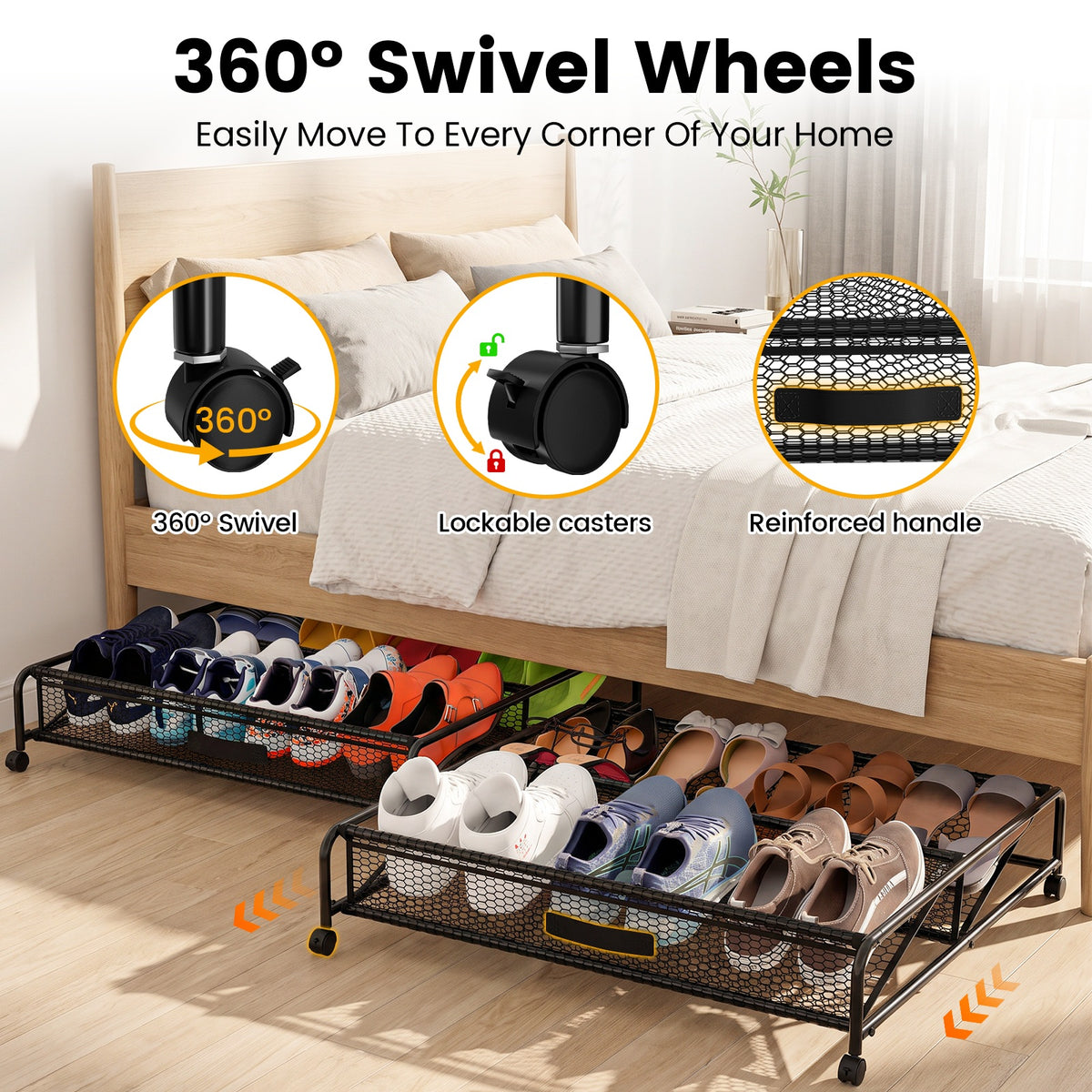 Under Bed Shoe Storage Organizer, Under Bed Storage Containers with Wheels for Under Bed Shoe Organizer Drawer, 2 Pack
