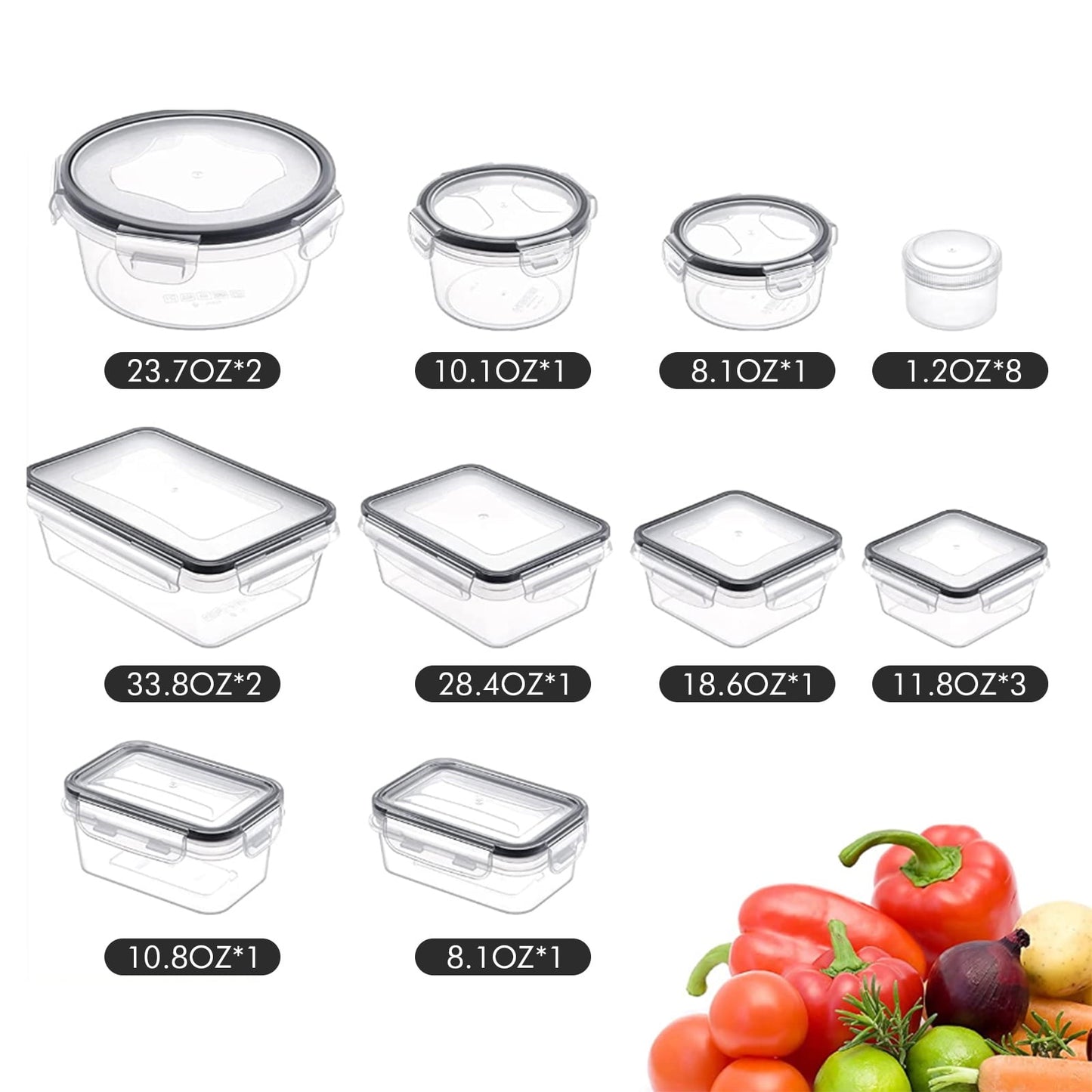 24 Pack Food Storage Containers with Lids, Bento Boxes, Silicone Pantry Containers, BPA Free Containers for Food Meal Prep Tupperware Kitchen Organization (24 Pack + Marker & Labels)