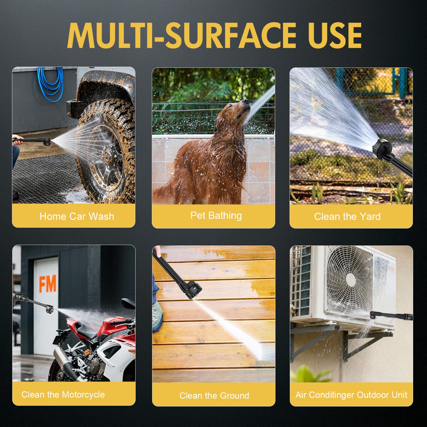 BAOKALER Cordless Pressure Washer, 970PSI Portable Power Washer with 4AH Battery, 6 in 1 Nozzle Electric High Power Washer with Brushless Motor, Yellow
