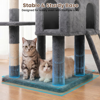 70" Cat Tree Tower, Heavy Duty Cat Tower for Multiple Adult Cats, Multi-Level Tall Cat Tree with 2 Condos, Hammock and Scratching Post for Indoor Kitties, Dark Grey