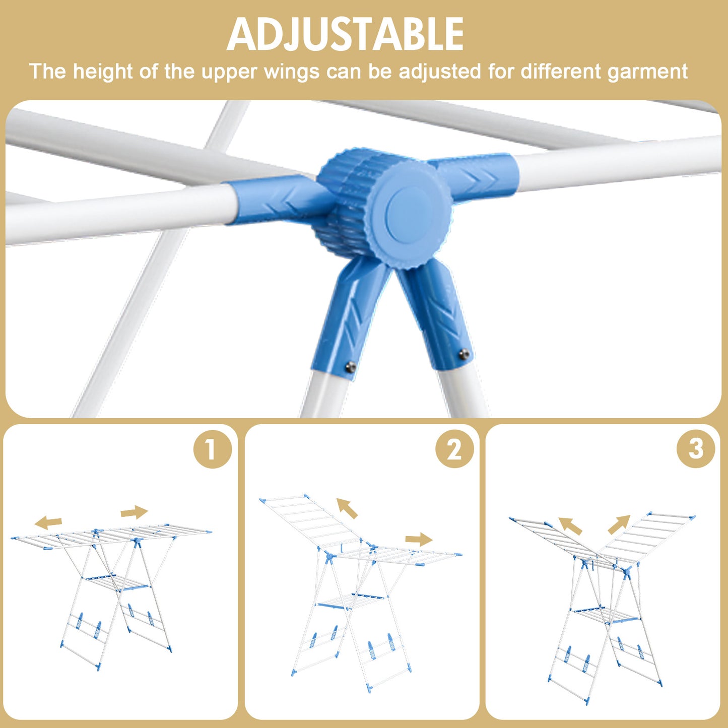 Clothes Drying Rack, 2 Level Foldable Laundry Rack, Rustproof Laundry Clothing Drying Hanger with Height-Adjustable Wings, Space Saving Clothes Garment Dryer, Blue