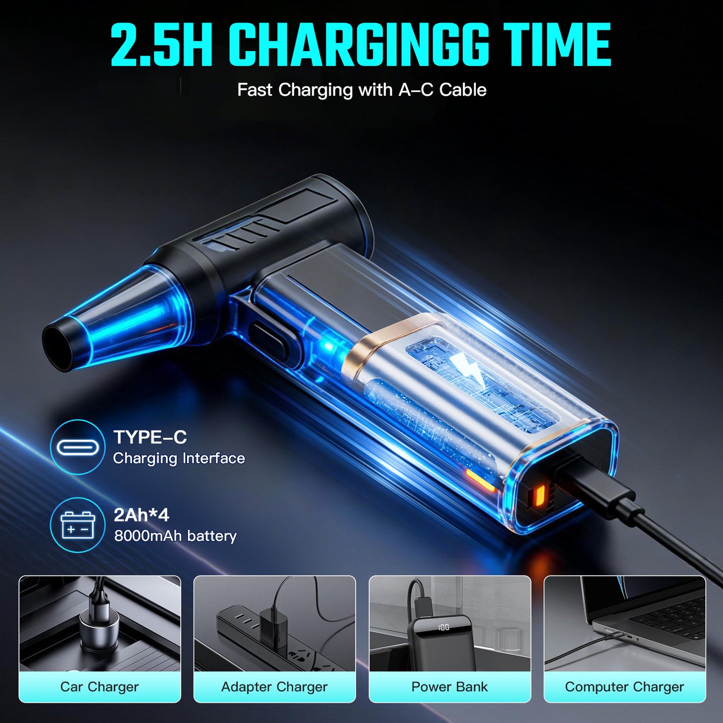 Compressed Air Duster 5 Gear Adjustable, 300000RPM Burshless Air Duster with LED Light, Rechargeable Cordless Air Blower for Keyboard Electric Devices Cleaning