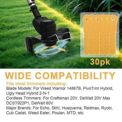 30 PCS String Trimmer Head Blades Replace, Plastic Weed Trimmer Blades, Fit Weed Weed Warrior 14867B, Craftsman 20V, DeWalt 20V/60V Yellow
