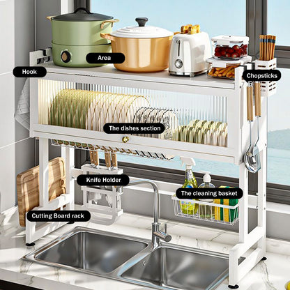 Kitchen Sink Countertop Dustproof Storage Rack, Multifunctional Organizer, White, for Drying Dishes, Glasses, Bowls, and Utensils, White