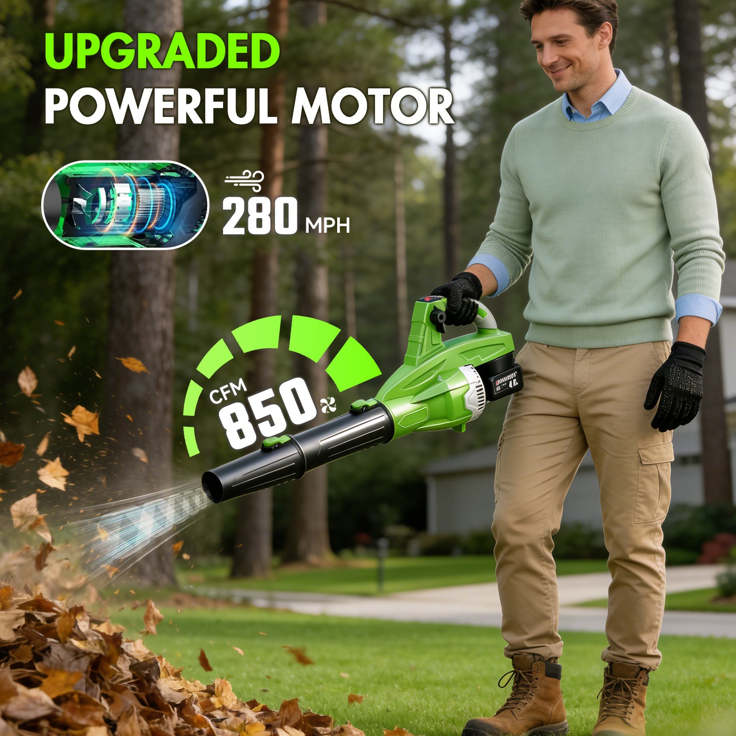 Cordless Leaf Blower, 200 MPH 850 CFM Electric Blower with 8 Speeds, 2¡Á4.0AH Batteries and Charger, Lightweight for Yard, Patio and Dust Cleaning