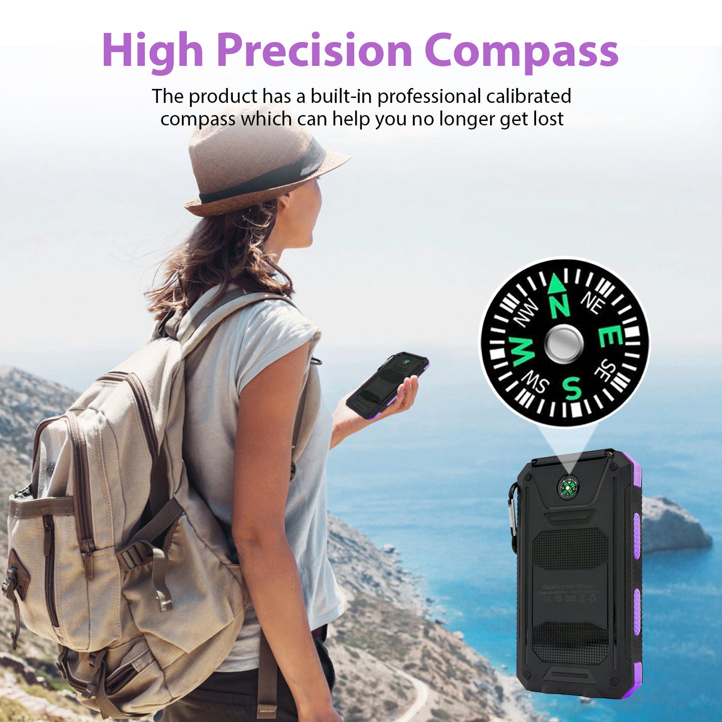 2PK BAKALER 30000mAh Solar Charger for Cell Phone iPhone, Portable Solar Power Bank with Dual 5V USB Ports, 2 Led Light Flashlight, Compass Battery Pack for Outdoor Camping Hiking(Purple)