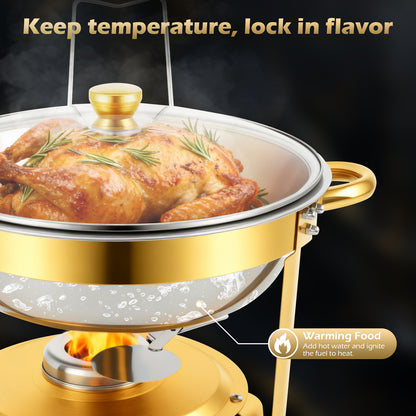 Chafing Dishes for Buffet, 1 Pack 5QT Round Semi-Gold-Plated Stainless Steel Buffet Server, Warmers with All-Gold Serving Tongs, Food Warmers for Parties Buffet, Events & Weddings