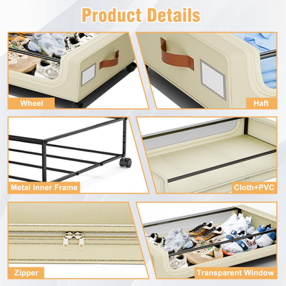 Under Bed Storage with Wheels, 2Pack Under Bed Storage Containers, Underbed Shoe Storage Organizer, Rolling Under Bed Metal Drawers for Clothes, Blankets(31 x 17 x 7.2 in)