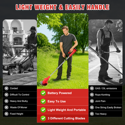 21V Cordless String Trimmer With 2 X 1.5ah Battery And Charger, Electric Weed Wacker Battery Powered Weed Eater String, Mover For Yard, Garden, Red
