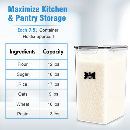 9.5L (4-Pack) Airtight Food Storage Containers Set with Chalkboard Labels, 1 Marker & 4 Measuring Cups - Clear Grain Jars, BPA-Free, Stackable (Brown Box)
