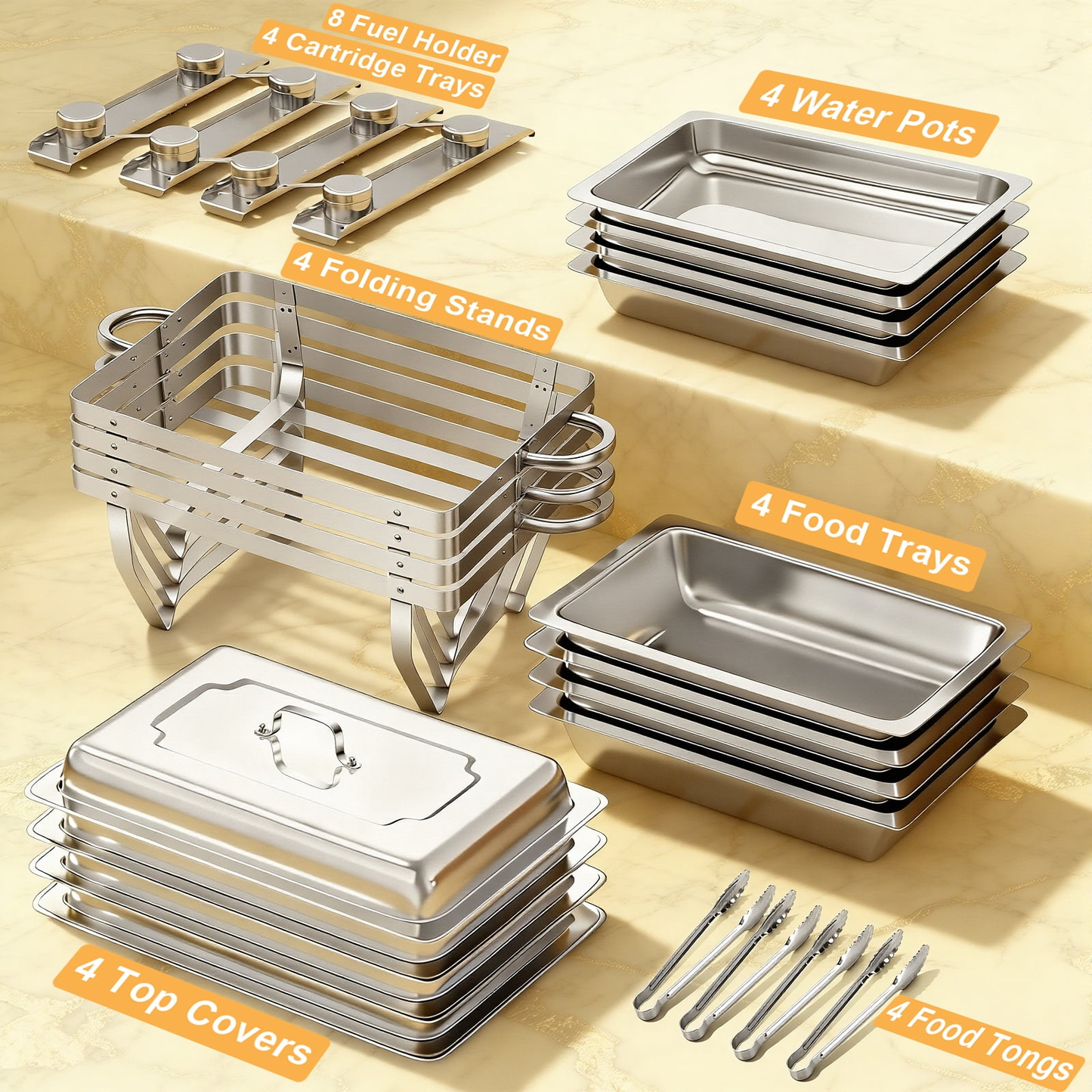 BAOKALER 9QT Chafing Dish Buffet Set with 4 Food Tongs , Foldable Full Size Buffet Server Food Warmer, Stainless Steel Catering Supplies for Party, Banquet, Caterying, Rectangular, Silver, 4 Pack