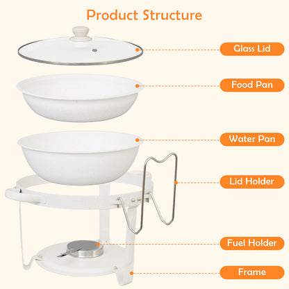 White Chafing Dishes for Buffet with Glass Lid (5.3QT, 1Pack), Maifanite-Coated Round Chafing Dish Set Mirror-Polished Stainless Steel, Stackable, Lid Holder for Party, Wedding
