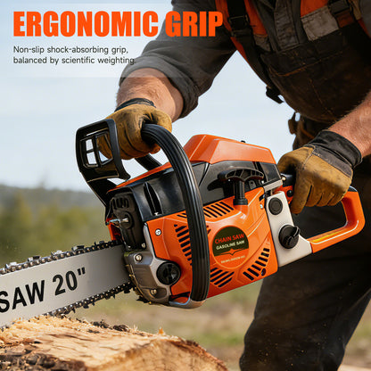 BAOKALER Cordless Gas Chainsaw 20-Inch 62CC, 2-Stroke Engine for Wood Cutting, EPA Certified with 2 Chains, Orange