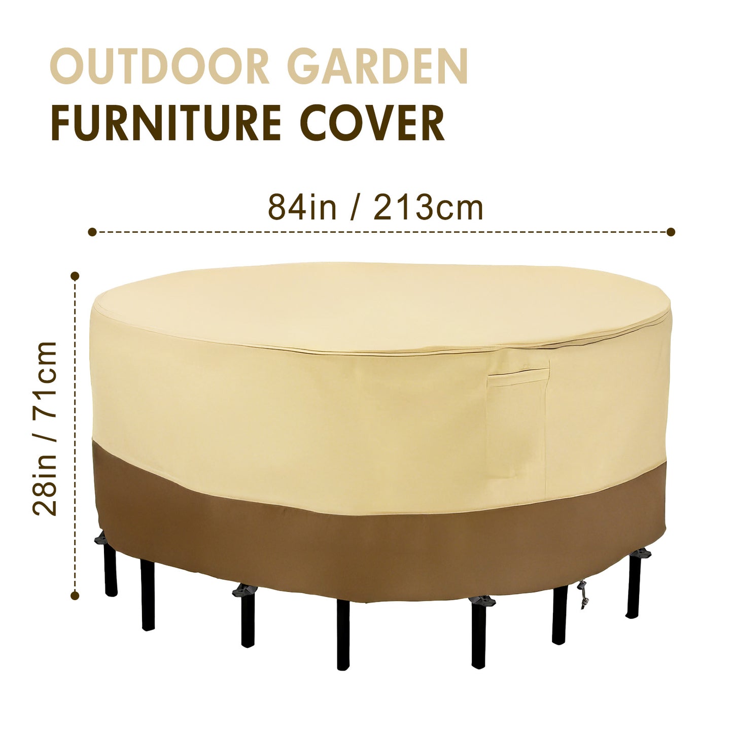 Round Patio Furniture Covers, 84" Dia Outdoor Furniture Covers, Waterproof Outdoor Table Cover, Fire Pit Cover, 420D Cover for Outdoor Furniture Set, Beige&Brown