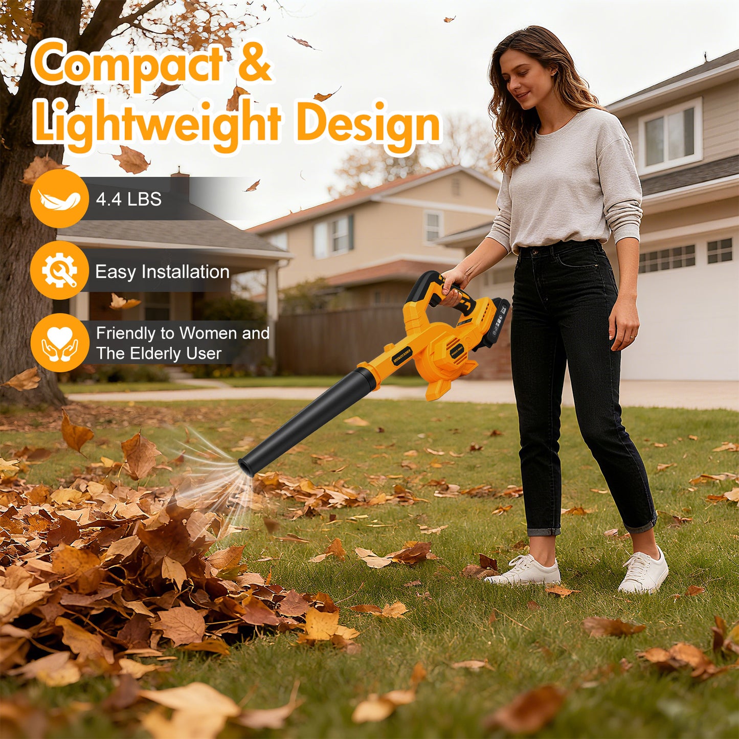 Leaf Blower Cordless with 2¡Á 2.0Ah Batteries and Charger, Variable Speed Switch, Lightweight Battery Powered Blowers for Lawn Care, Yard, Patio Cleaning, Blowing Leaves & Dust, Yellow