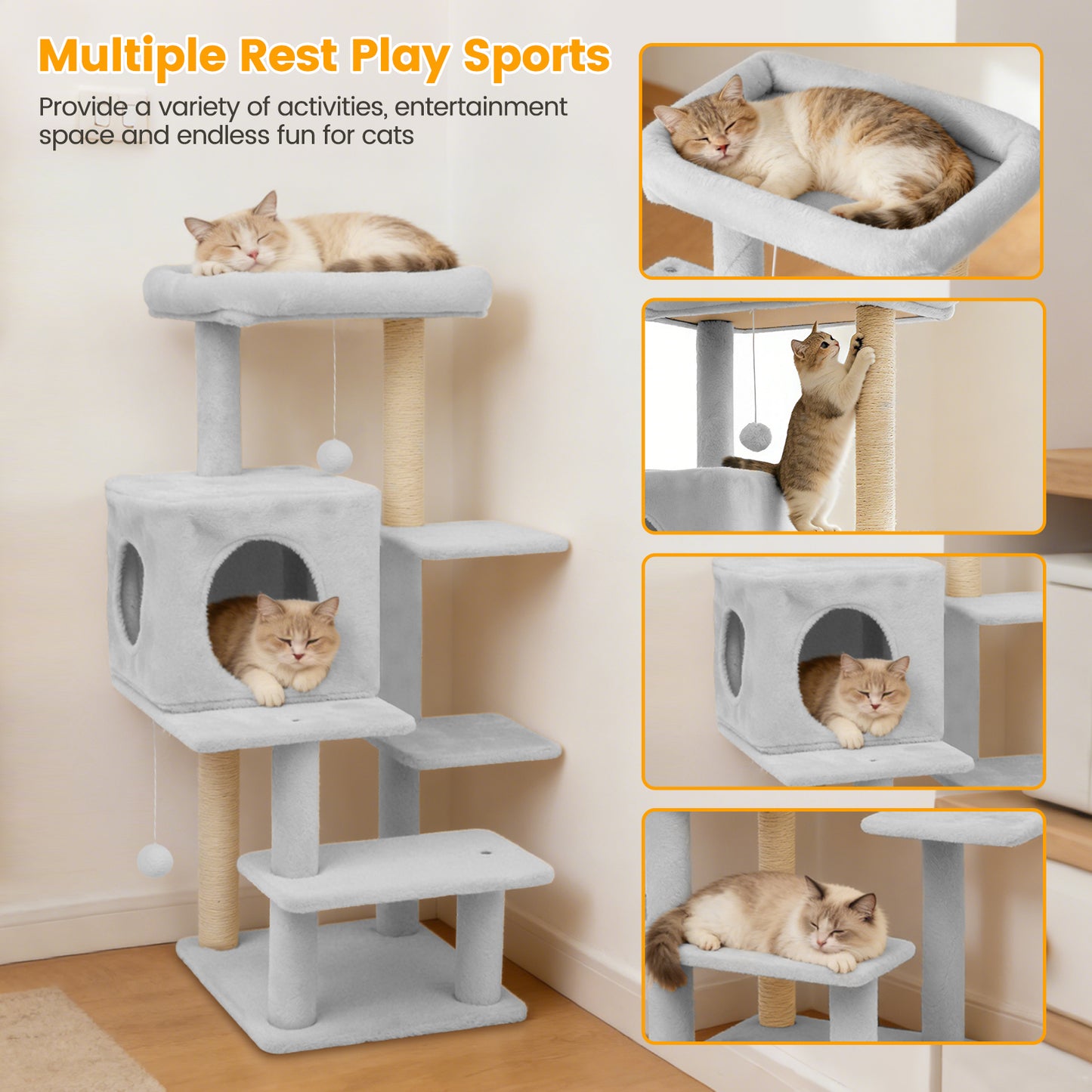 Sturdy Cat Tree: 40-Inch Indoor Cat Tower with Steps for Easy Climbing, Hiding Caves, Scratching Posts & Toys, Perfect for Big Cats