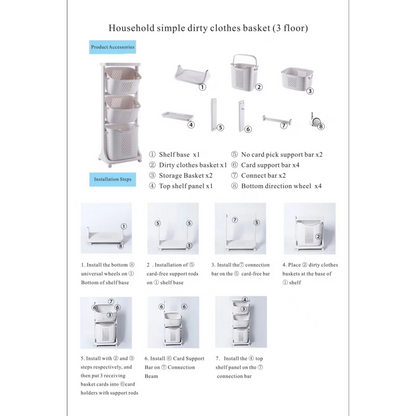 3-Tier Laundry Hamper Basket Sorter Bathroom Organizer with Wheels Movable Clothes Storage Basket Kitchen Shelf Fruit Stand 360¡ã Rolling Cart