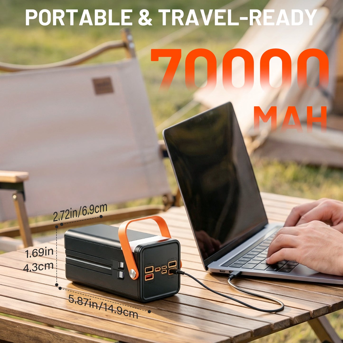 70000mAh Solar Power Bank, 22.5W Fast Charging Power Bank with Dual Built-in Cables, Solar Phone Charger & Solar Battery Charger, 7-Output 3-Input LCD SOS Light for Outdoor Camping (Black)