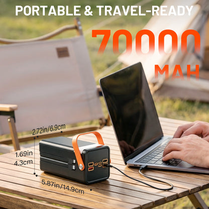 70000mAh Solar Power Bank, 22.5W Fast Charging Power Bank with Dual Built-in Cables, Solar Phone Charger & Solar Battery Charger, 7-Output 3-Input LCD SOS Light for Outdoor Camping (Black)