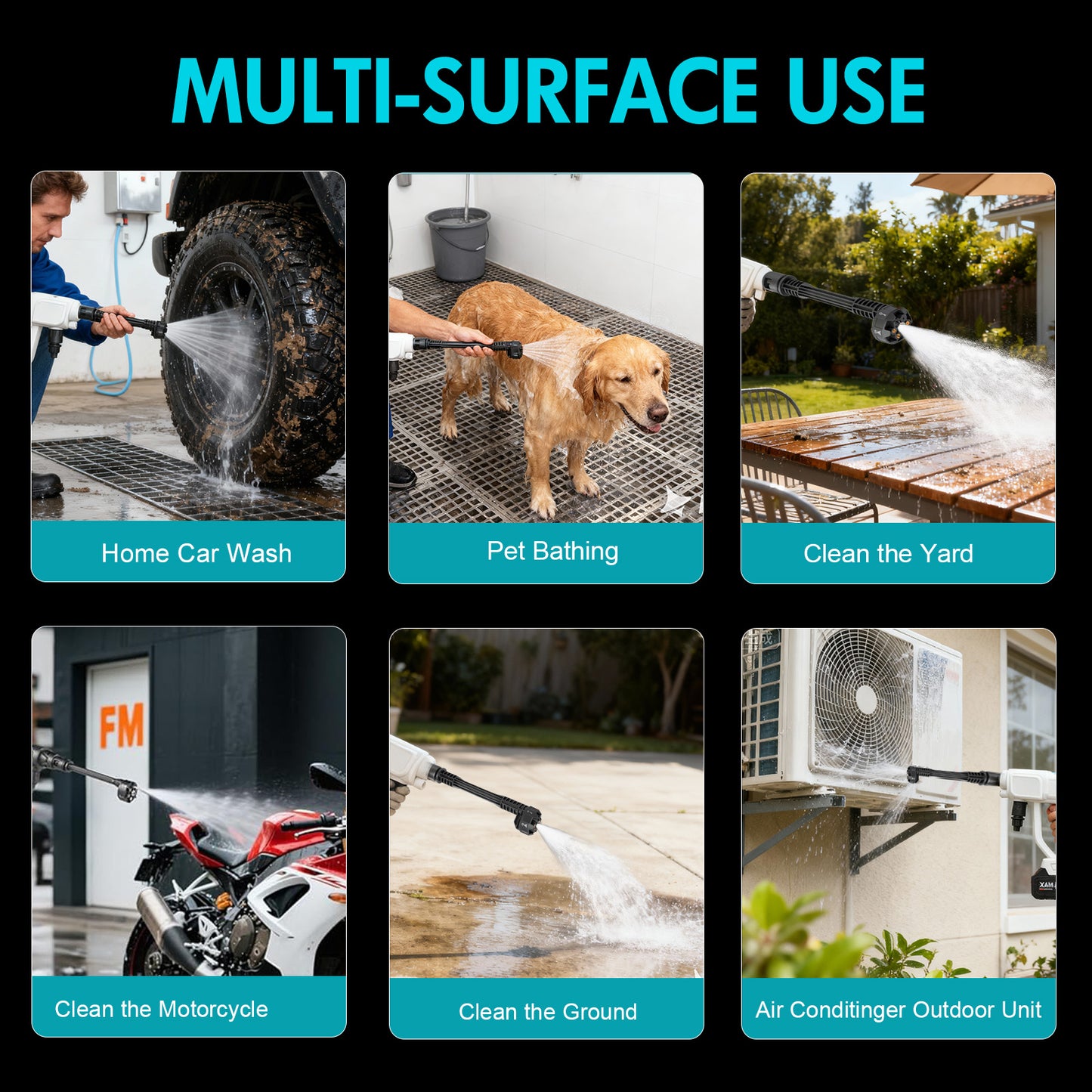 BAOKALER Cordless Pressure Washer, 970PSI Portable Power Washer with 4AH Battery, 6 in 1 Nozzle Electric High Power Washer with Brushless Motor, White