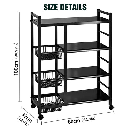 Freestanding Kitchen Storage Rack, Multi-Functional Multi-Layer Mobile Storage Shelf, 4 Tiers with 3 Baskets, Suitable for Kitchen, Bedroom, Living Room, and Balcony