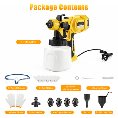 Baokaler Paint Sprayer, 1000W HVLP Electric Spray Gun with 1400ml Container, 4 Copper Nozzles & 3 Spray Patterns for Furniture, Cabinets, Walls, House Painting, Yellow