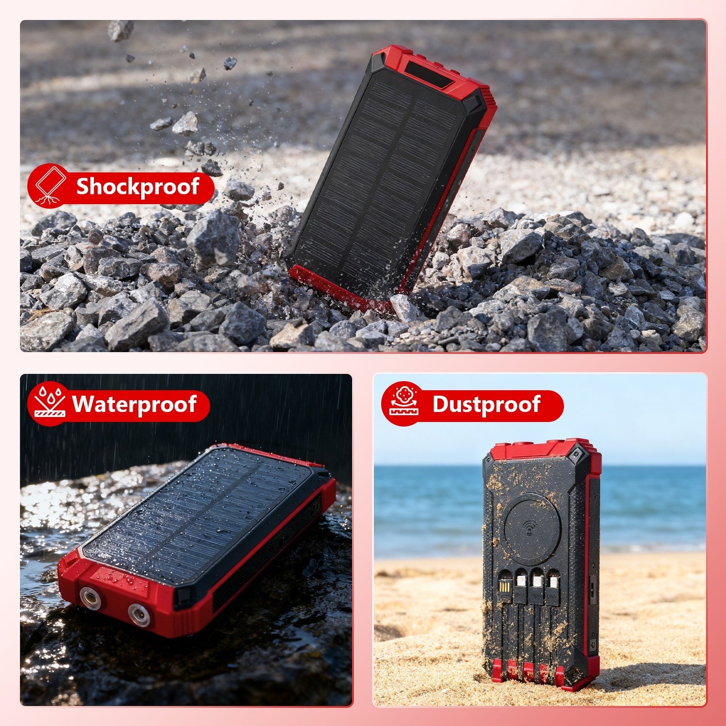 Power Bank Wireless Charger 46800mAh Built in 4 Cables Six Outputs 15W Fast Charging Power Bank for All Mobile Devices Three Inputs Solar Portable Charger with Dual Flashlights, Carabiner(Red)