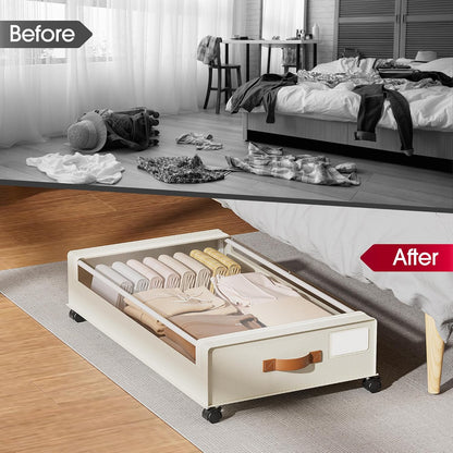 Under Bed Storage with Wheels: XXL Underbed Storage Containers with Lids - Rolling Bins for Shoes Clothes in Dorm Bedroom - Metal Drawers Easy Pull-out Beige 4-Pack