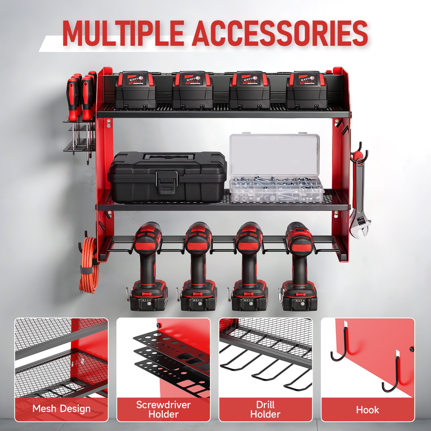 Power Tool Organizer with 8 Charging Station & Outlets, Garage Drill Storage Shelf with 4 Drill Holder, 3 Layer Heavy Duty Tool Storage Rack, Gift for Men (Red)