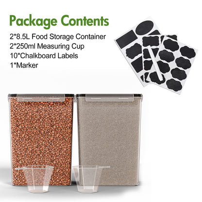 BAOKALER Extra Large Airtight Food Storage Containers 2 Pack,Plastic Airtight Cereal Container Flour Containers with 2 Measuring Cups, 8.5L/287Oz