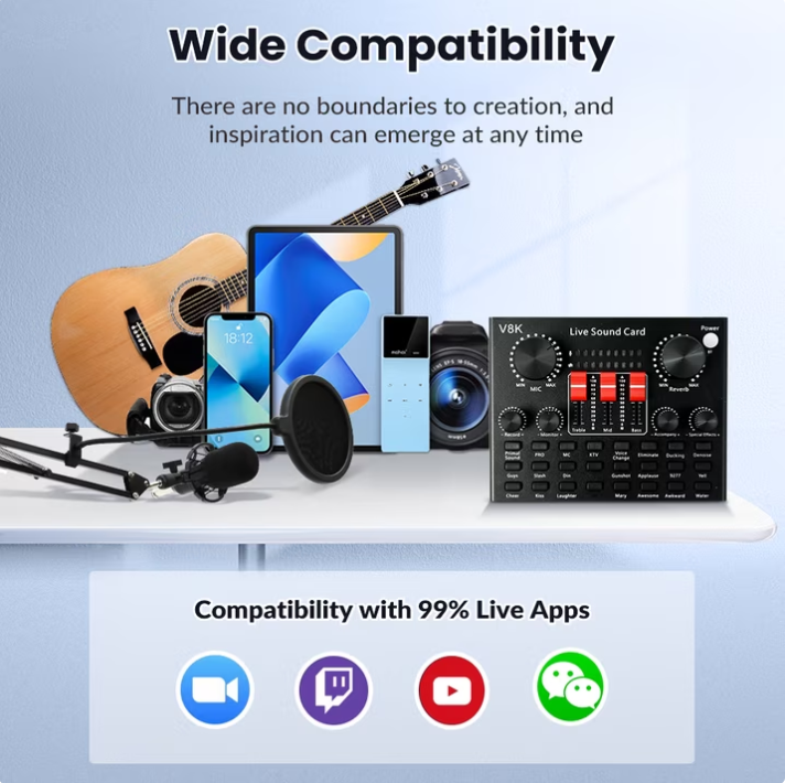 Podcast Equipment Bundle BM-800 Condenser Mic Kit with V8K Sound Card & Voice Changer for Streaming, Home Studio, YouTube, Voice-overs, Professional Recording on Laptops