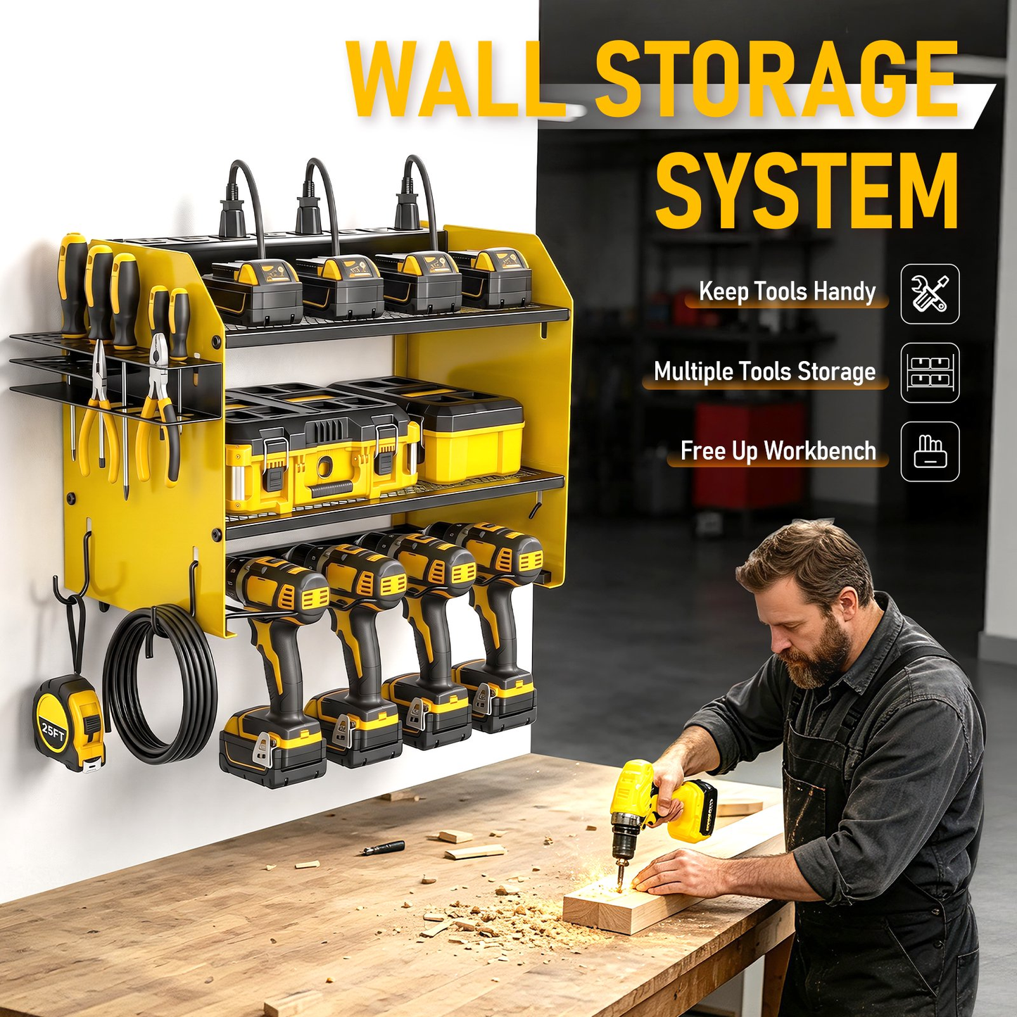 Power Tool Organizer Wall Mount with Charging Station,Tool Storage Rack with 8 Outlet Power Strip, 4 Drill Holder Wall Mount for Garage Organization(Yellow)