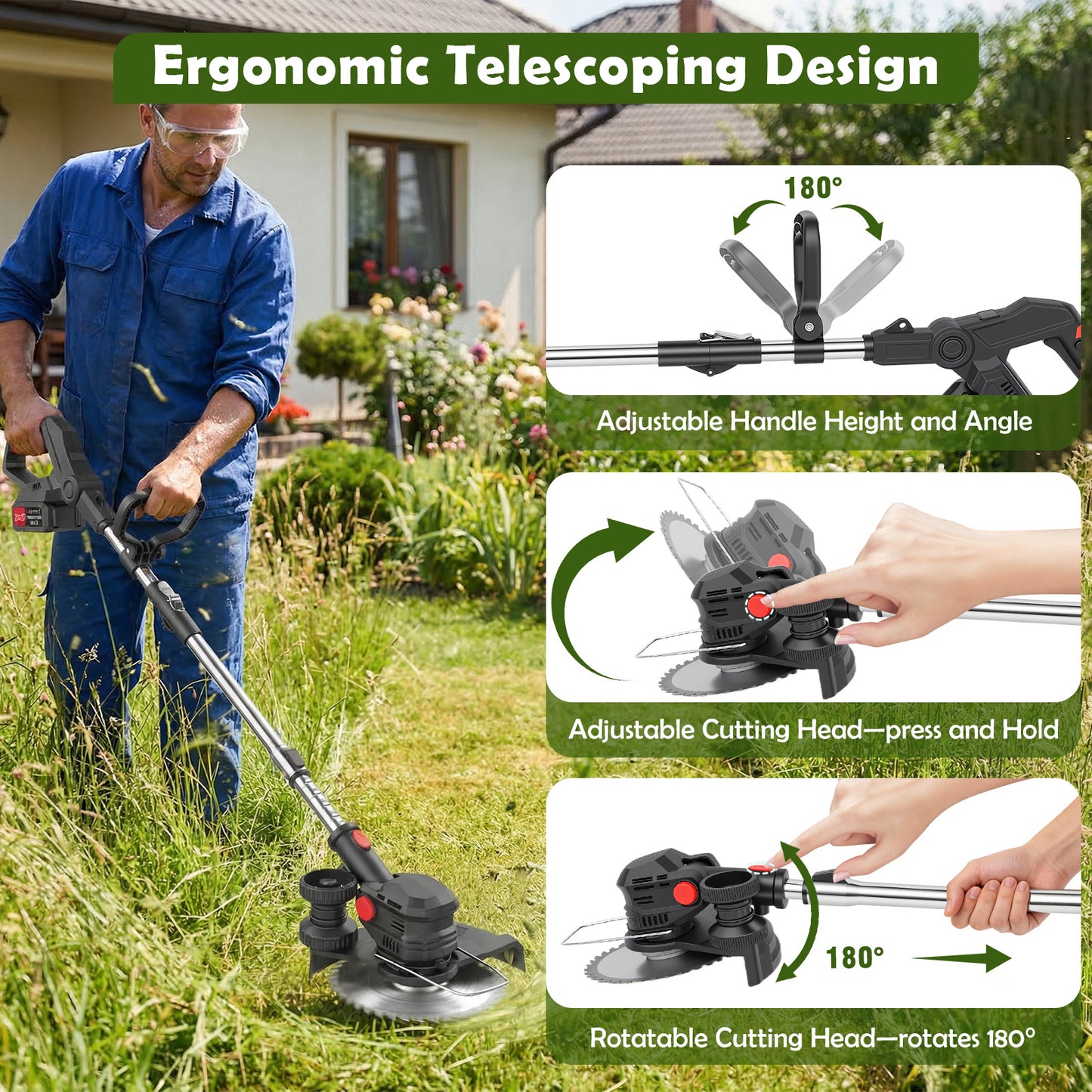 Electric Cordless Weed Eater, 4.0Ah Cordless Weed Wacker String Trimmer, 24V Grass Trimmer with 2 Battery, Charger Included