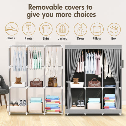 BAOKALER Wardrobe Clothes Storage Rack， 6 Wardrobe Closet Organizer Shelf Garment Cabinet, Tool Free Assembly, Gray