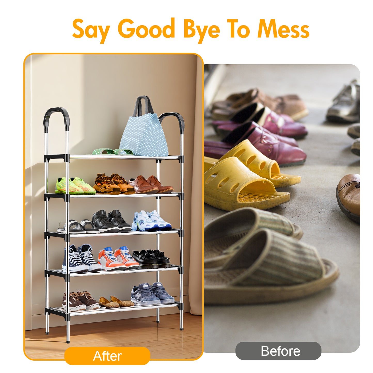 5-Tier Shoe Storage Organizer, Multifunctional Metal Shoe Rack for Entryway, Easy-to-Assemble, Silver and Black