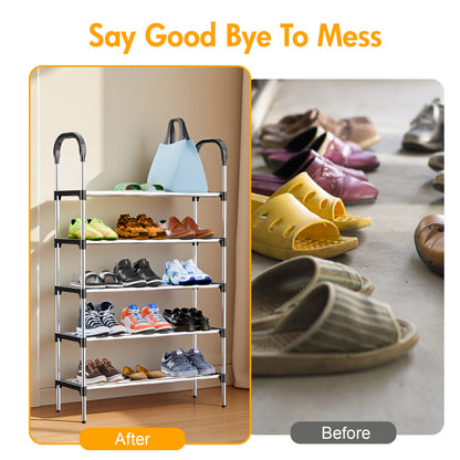 5-Tier Shoe Storage Organizer, Multifunctional Metal Shoe Rack for Entryway, Easy-to-Assemble, Silver and Black