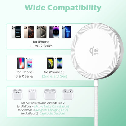 Wireless Charger, 25W Portable Charger Compatible with iPhone 17 16 15 14 13 12 Series, Magnetic Charging Pad Compatibe with AirPods 4 3 2 Pro, Phone Charger for Home Office Travel, White