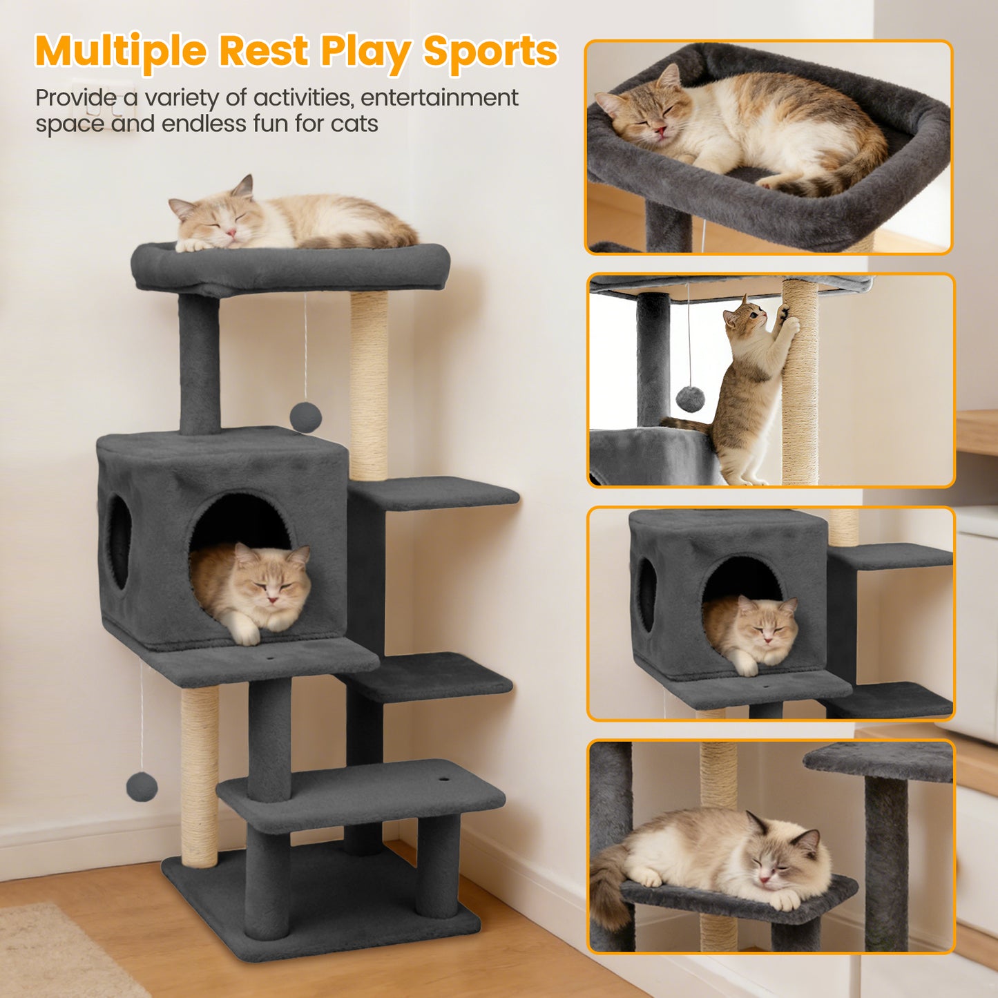 Sturdy 40-inch Cat Tree Tower with Cat Cave & Ramp Steps - Multi-Level Play & Sleep Center for Large Indoor Cats, Dark Gray