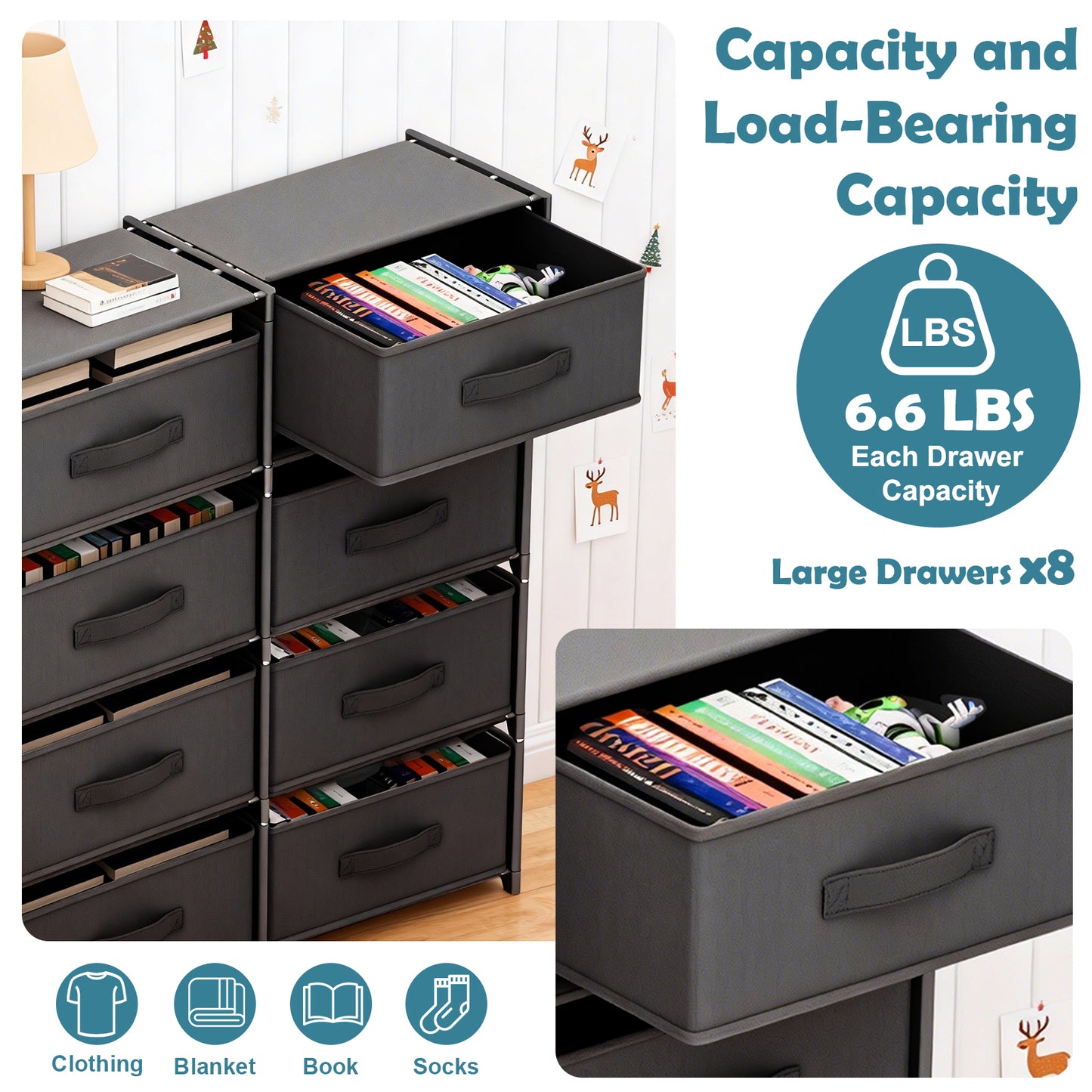 BAOKALER Double Row Non-Woven Fabric Dresser with 4 Drawers, Clothes Drawer Dresser for Bedroom, Hallway, Entryway, Closets, Sturdy Steel Frame, Wood Top, Black