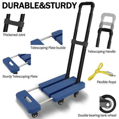 BAOKALER Folding Hand Truck, Heavy Duty Dolly Cart, Push Dolly Cart Foldable Platform with 6 Wheels, Blue