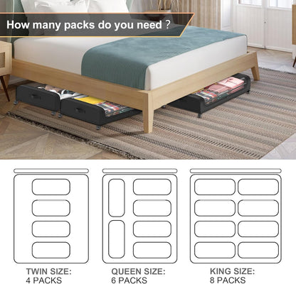 Under Bed Storage with Wheels, 2 Pack Under Bed Storage Containers with Dividers & Clear Lids, Under Underbed Storage with Wheels for Clothes (Black, 4 Pack)