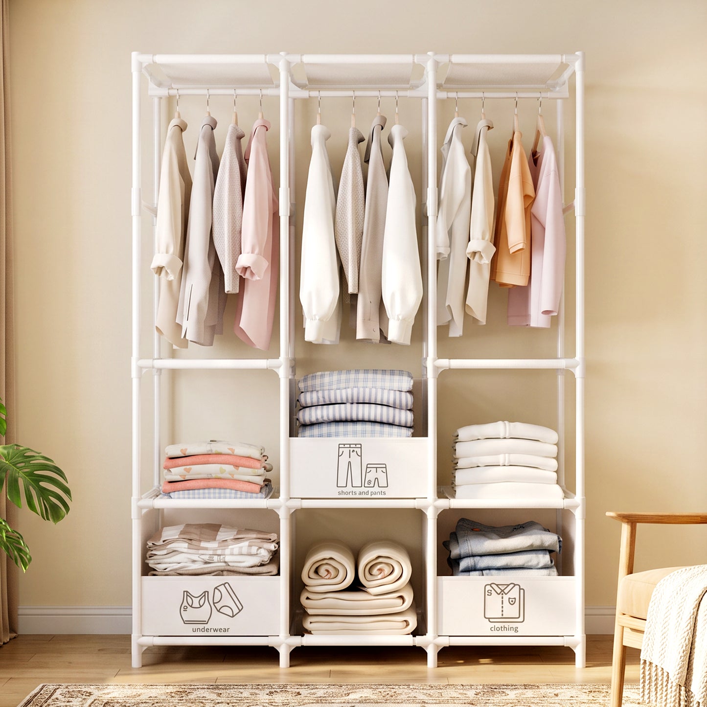 Portable Closet, Non-Woven Fabric Portable Closet Organizers and Storage, Clothes Storage with 3 Storage Drawers, Wardrobe Closet for Bedroom and Living Room, White