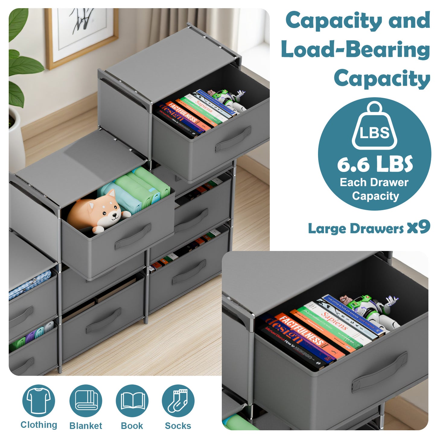 BAOKALER Non-Woven Fabric Multi-Functional Storage Cabinet, 9-Drawer Open Storage Shelf, 10.24×47.24×34.65 Inches, for Bedroom, Living Room, Hallway, Gray