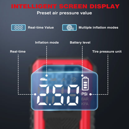 1200A Peak Car Battery Jump Starter with Tire Inflator, Portable 4?in?1 Jump Starter with USB Output & 150 PSI Air Compressor, 12V Jump Pack with Full?Screen LED Display and SOS Emergency Light, Red
