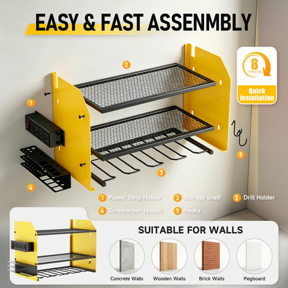 CATGOOD Power Tool Organizer Wall Mount with Charging Station, Tool Storage Shelf Loads 200 lbs Capacity 4 Outlets Storage Rack Holds 4 Drills for Garage Storage(Yellow)