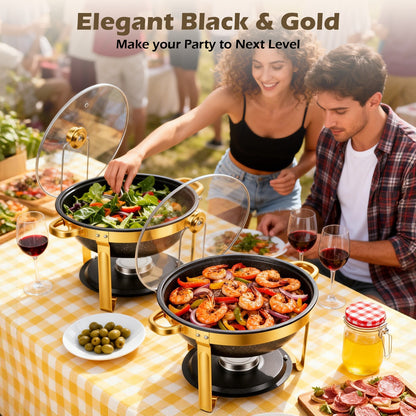 Black Chafing Dishes for Buffet with Glass Lid (5.3QT, 6Pack), Maifanite-Coated Round Chafing Dish Set Mirror-Polished Stainless Steel, Stackable, Lid Holder for Party, Wedding
