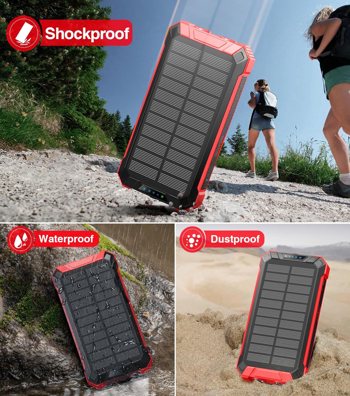 2PK Power Bank Wireless Charger 46800mAh Built in 4 Cables Six Outputs 15W Fast Charging Power Bank for All Mobile Devices Three Inputs Solar Portable Charger with Dual Flashlights, Carabiner(Red)