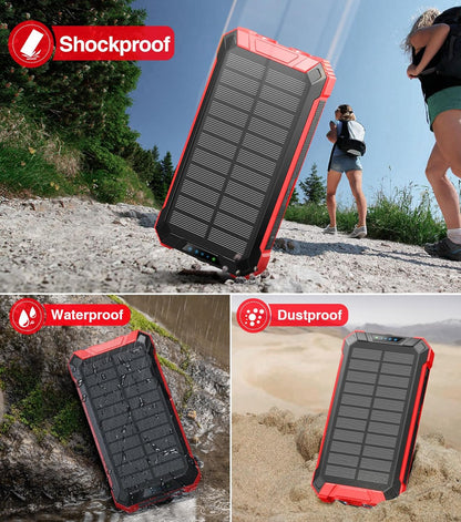 2PK Power Bank Wireless Charger 46800mAh Built in 4 Cables Six Outputs 15W Fast Charging Power Bank for All Mobile Devices Three Inputs Solar Portable Charger with Dual Flashlights, Carabiner(Red)