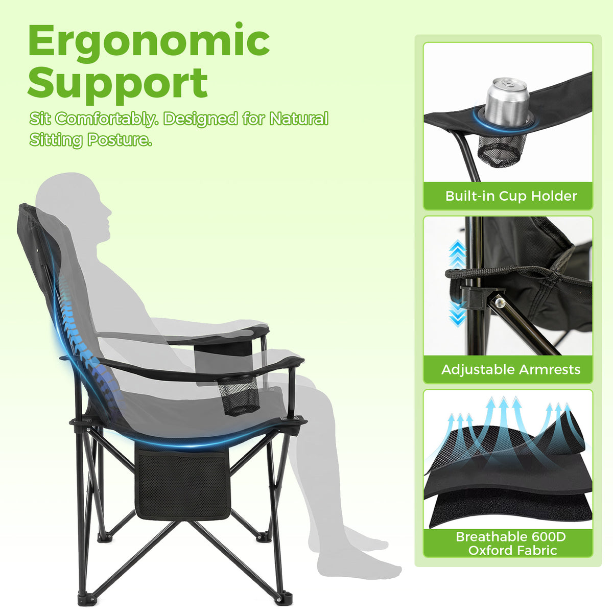 BAOKALER 2 Pack Camping Chair, Foldable Outdoor Lawn Chair with Cup Holder, Cooler Bag & Side Pocket for Backyard, Camping & Beach, Heavy-Duty Steel Frame, Supports 350lbs, Black