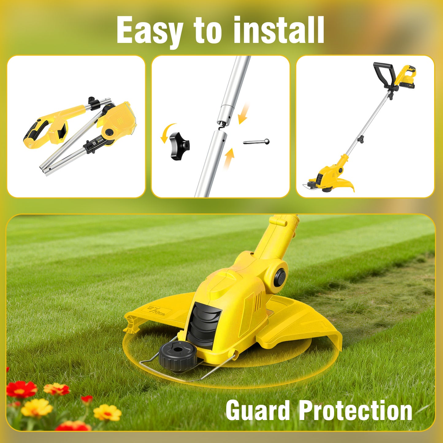 CATGOOD 21V Weed Eater Cordless, 4AH Electric Weed Wacker with 10 Pcs Lines, 3-in-1 Lawn Edger with Auto Line Feed, Foldable String Trimmer with Fast Charger, Yellow